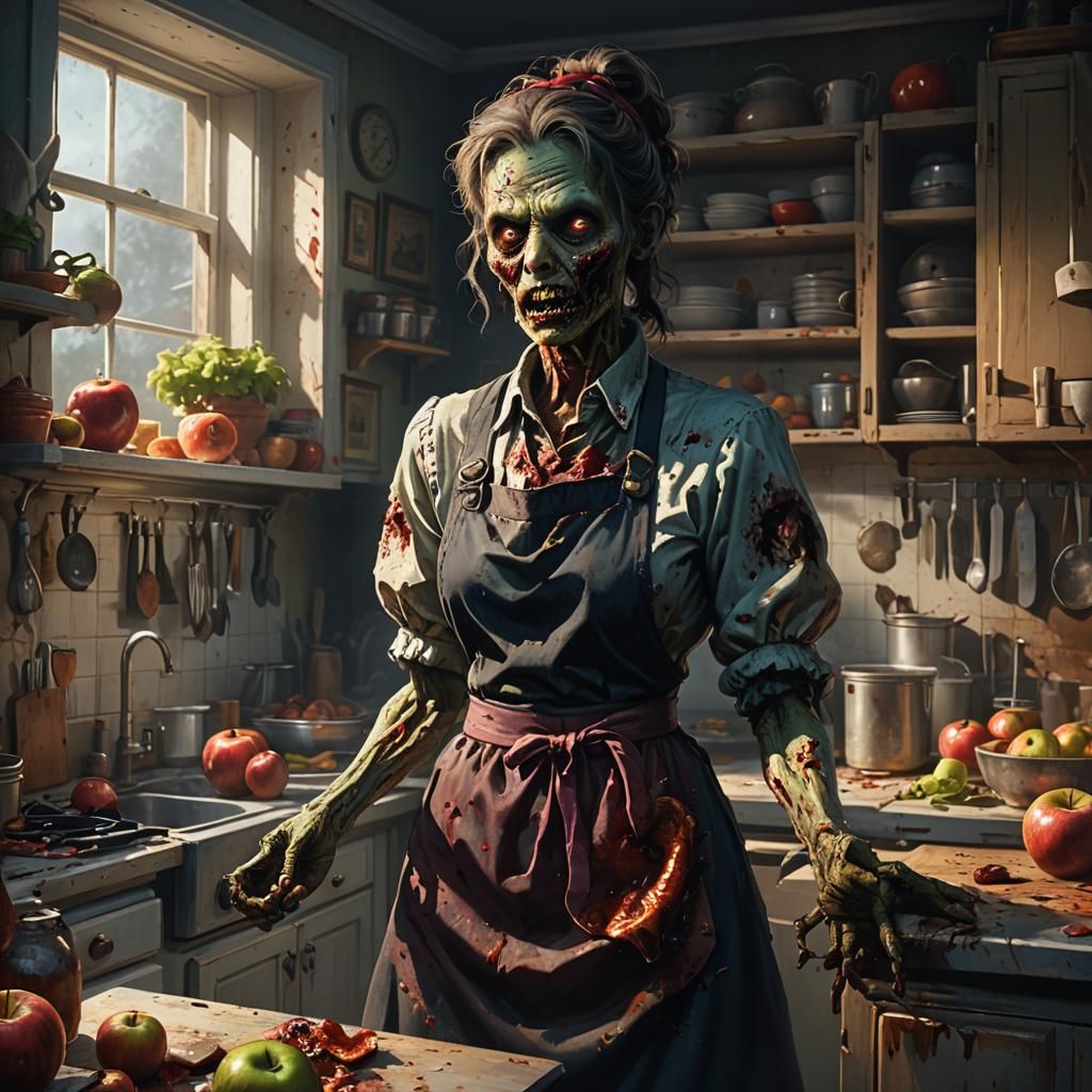 Zombie Housewife in Dark Fantasy Kitchen