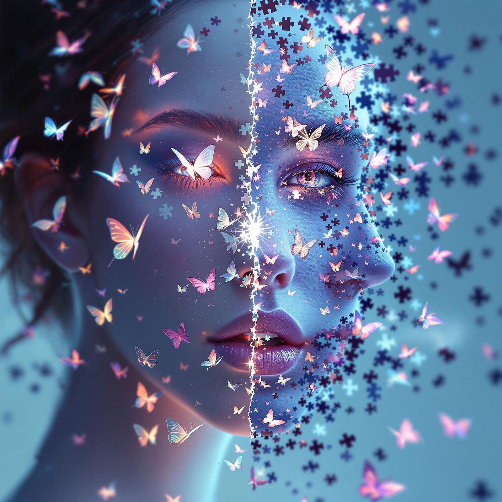 Butterfly Jigsaw Woman: Dreamlike 3D Rendering