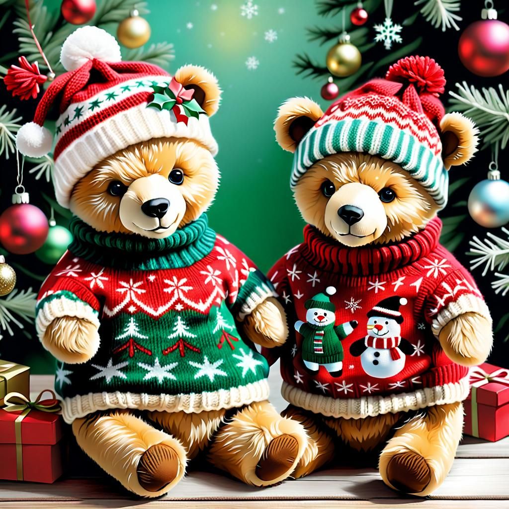 Whimsical Teddy Bears Celebrate Christmas in Colorful Fantas...