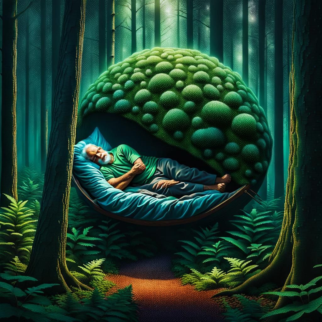 Old Man Sleeping in Forest Hands: Pointillist Surrealism