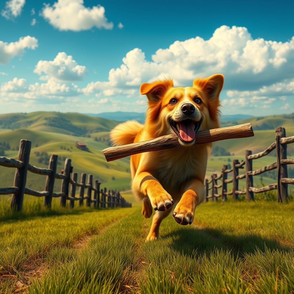Golden Dog Chases Stick on Vibrant Farm Landscape