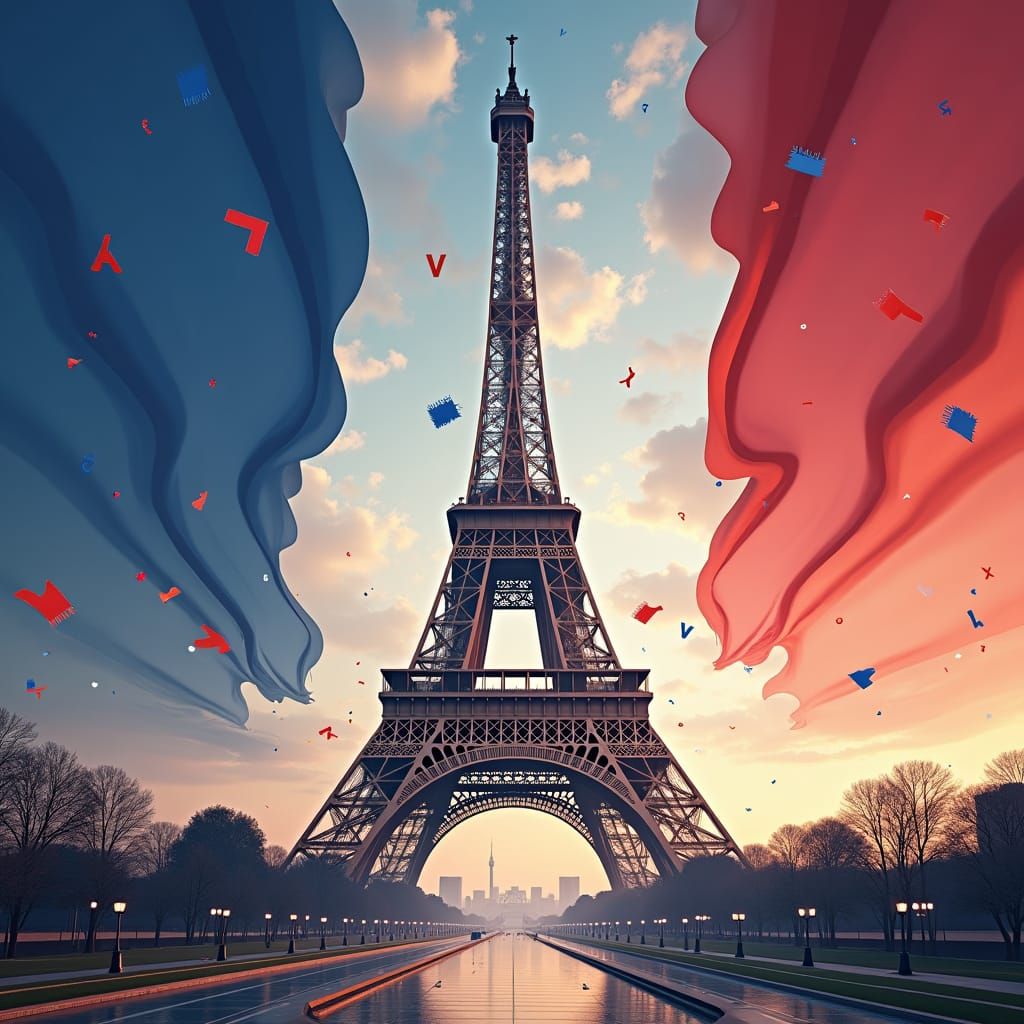 Eiffel Tower with French Flag and Letters
