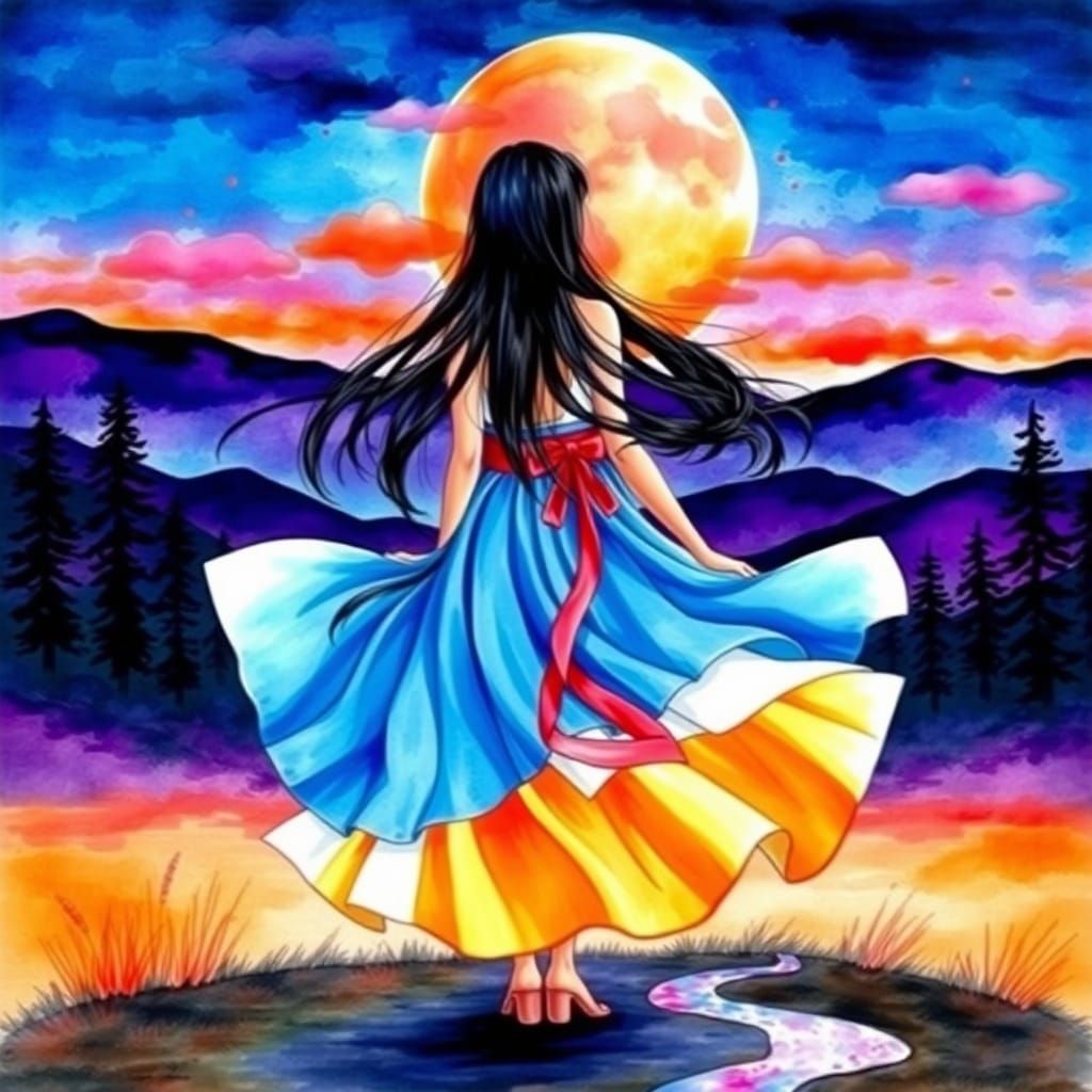 Woman in Flowing Dress under a Colorful Sky as Watercolor