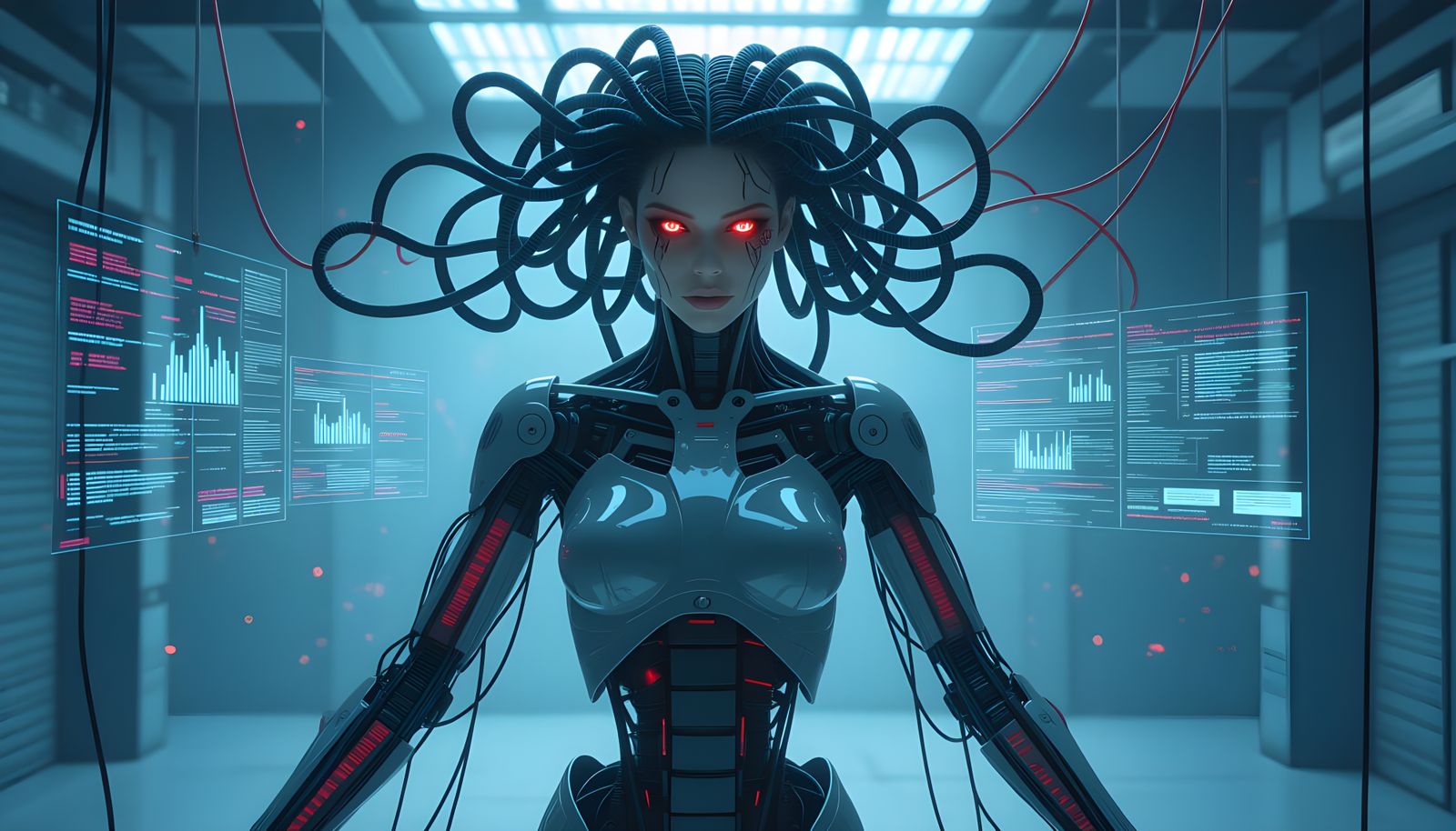 Android Woman with Visible Endoskeleton in Cyber Room
