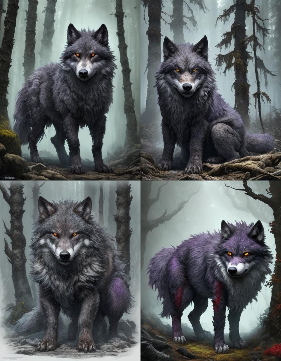 Dark Gray Wolf in Shadowy Forest with Glowing Eyes and Chaot...