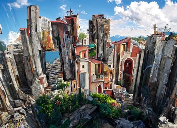 Colorful Italian Cliffside Village in Romanticism Style