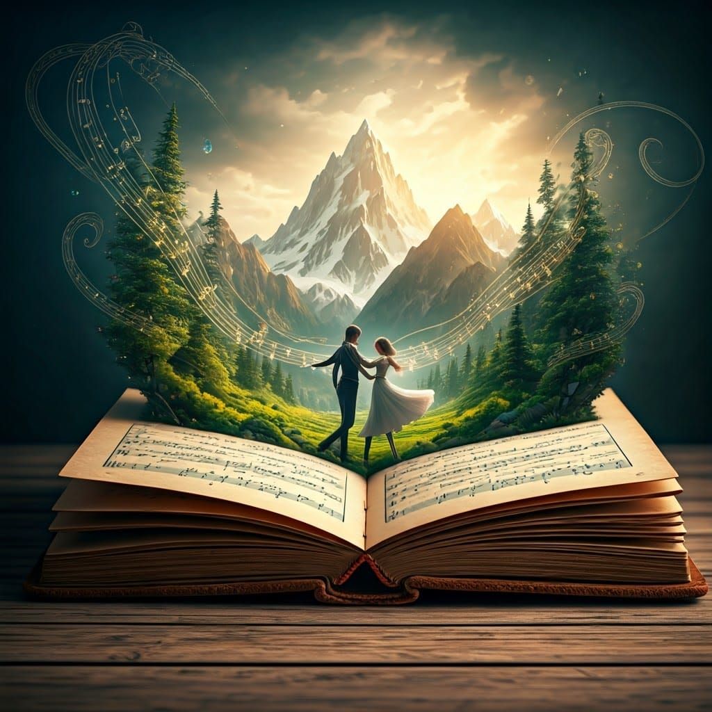 Majestic Mountain Landscape Emerging from Musical Notes