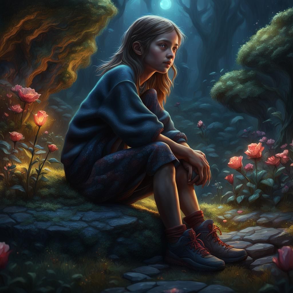 Girl in Dark Garden: Detailed Digital Matte Painting
