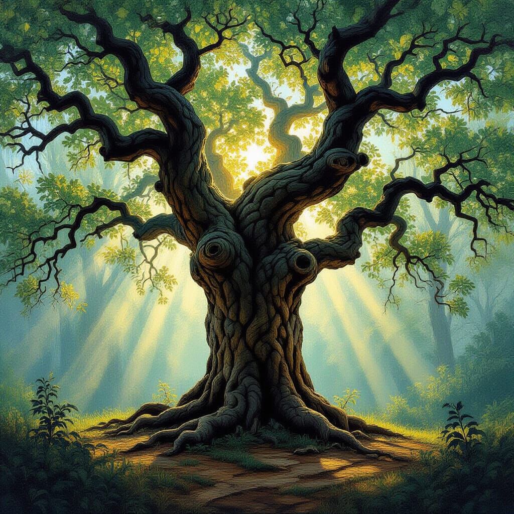 Ancient Oak Tree in Misty Forest Clearing