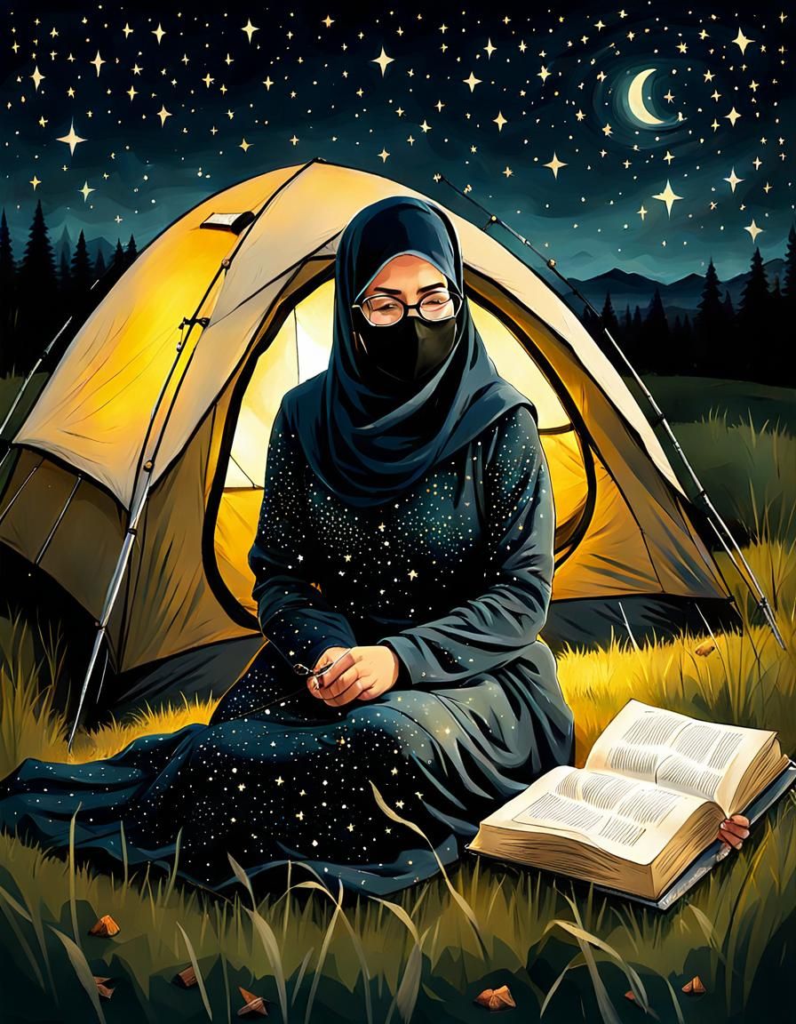 Woman Reading in Tent on Starry Night