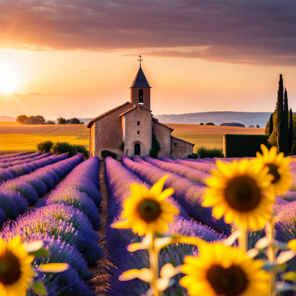 Sunflowers and Lavender Field at Sunset, France