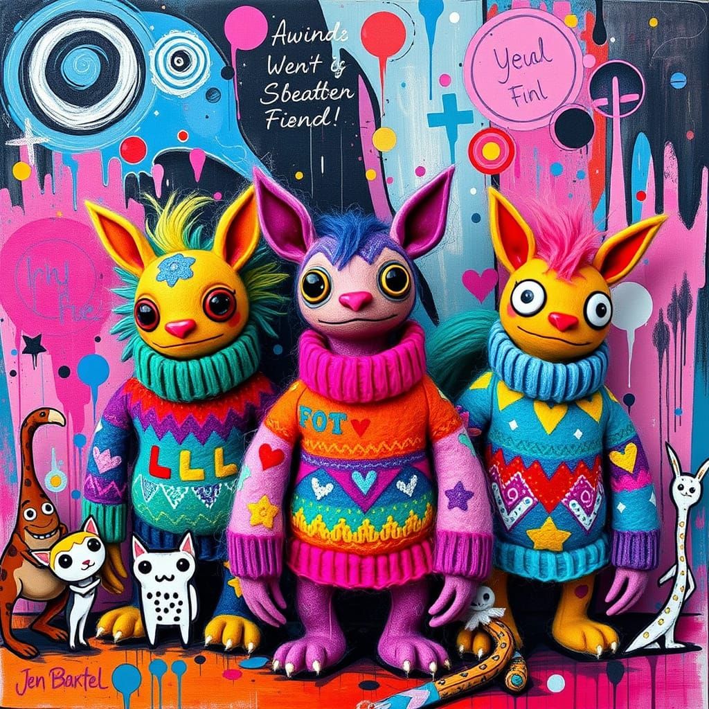 Vibrant felted creatures, surrounded by doodle friends, in a...