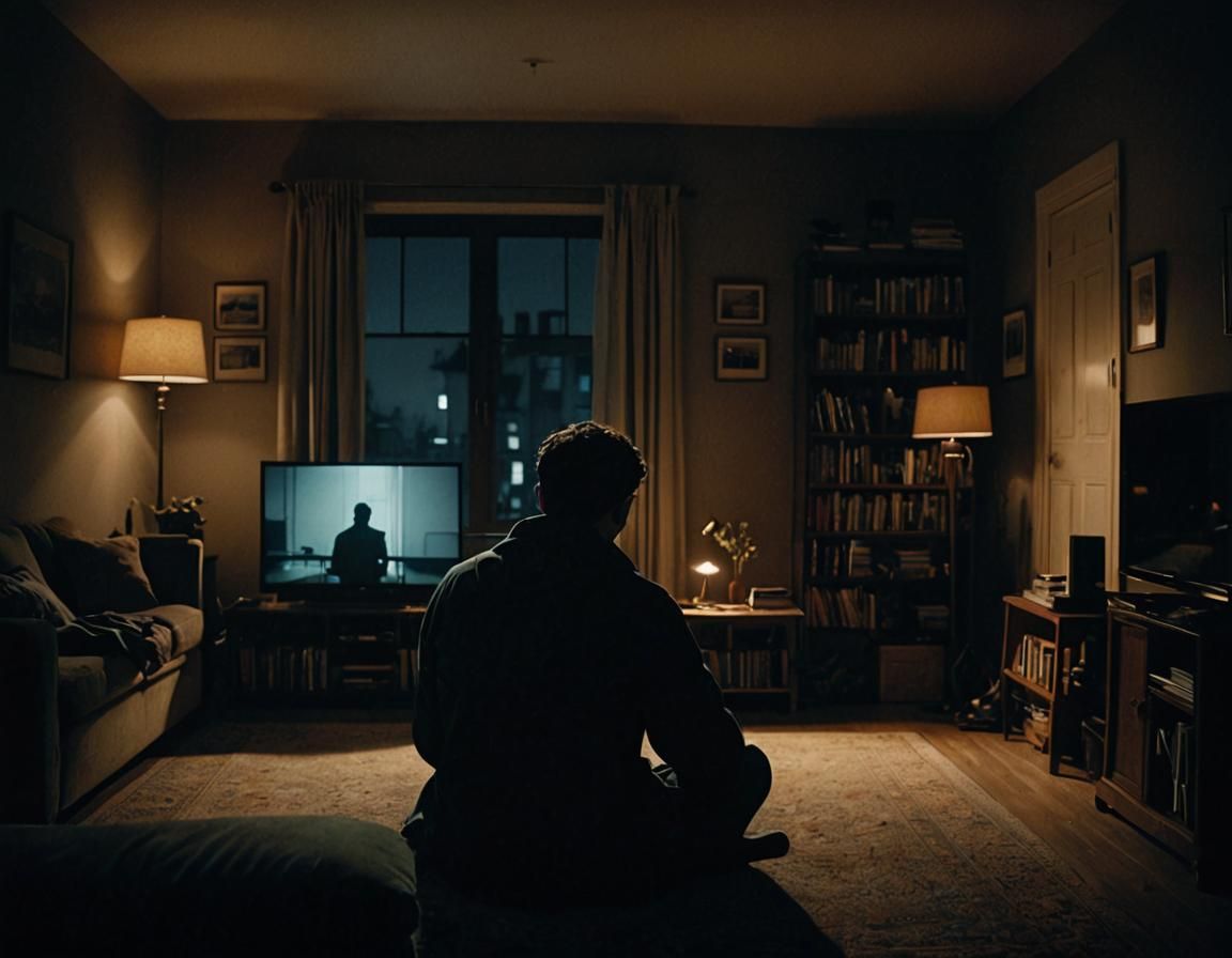 Lonely Man in Dimly Lit Flat: Cinematic Film Still