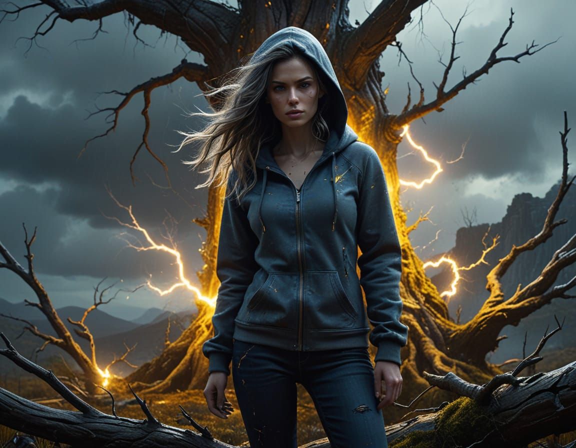 Cinematic Lightning Illuminates Woman by Leafless Tree
