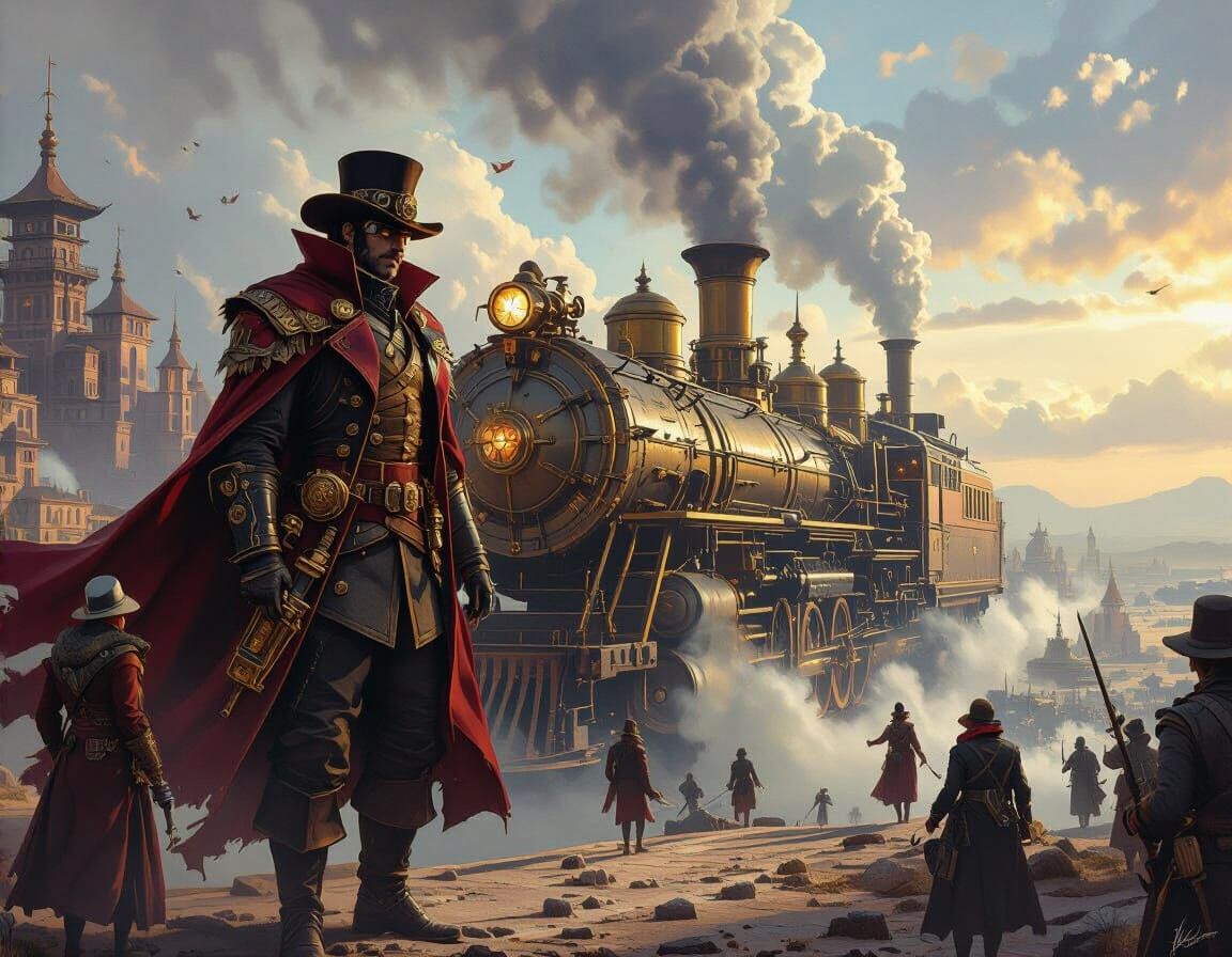 Epic Steampunk Adventure Scene with Cinematic Lighting