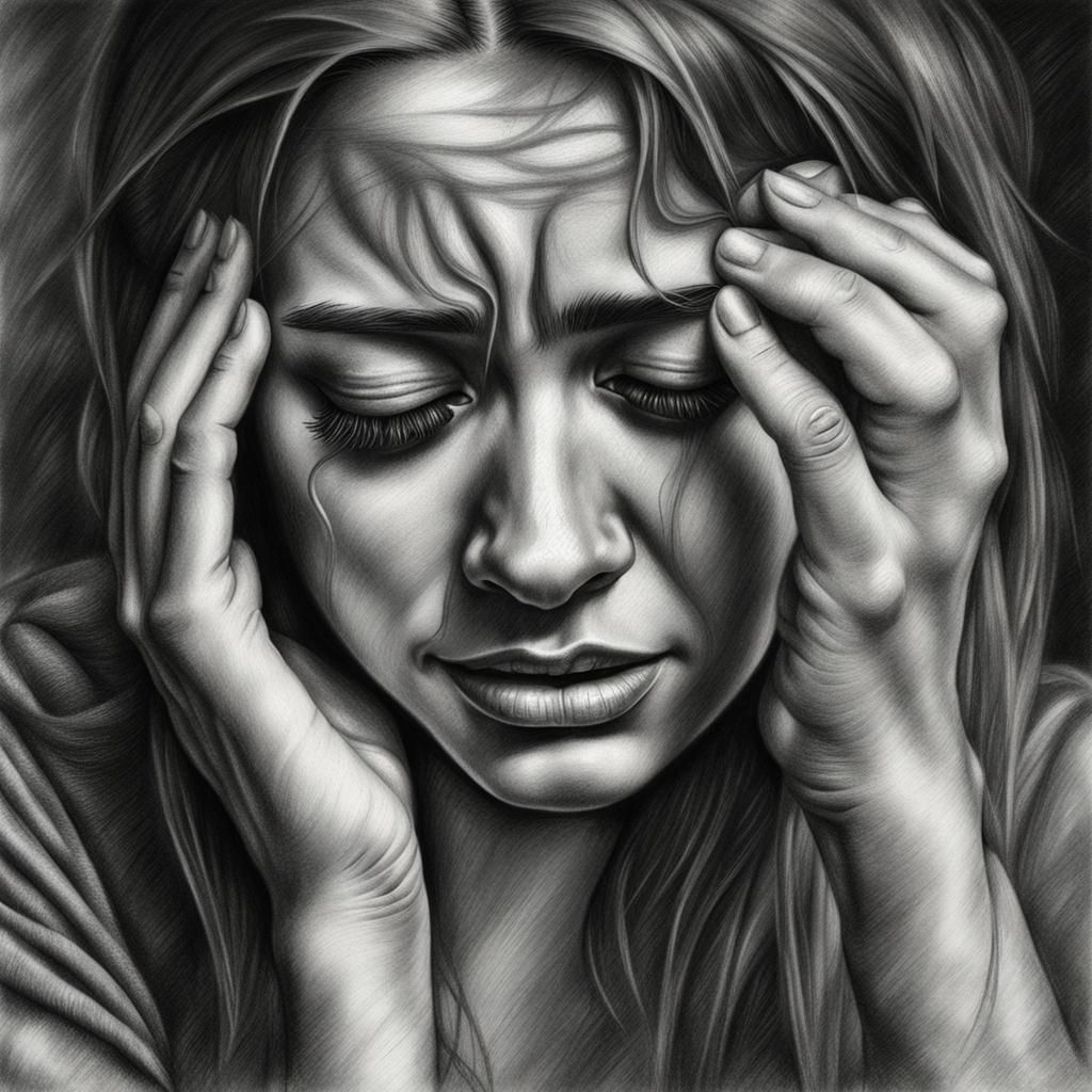 Crying Woman Portrait in Detailed Charcoal Drawing