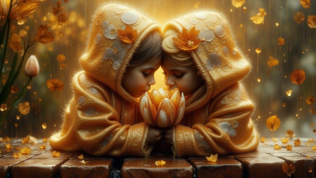 Drenched Kittens Huddle Beneath Golden Tulip