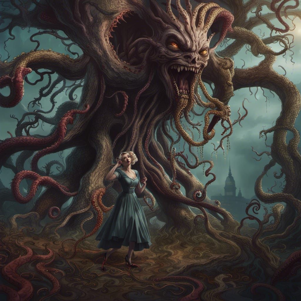 Tree Monster Attacks Woman: Detailed Matte Painting