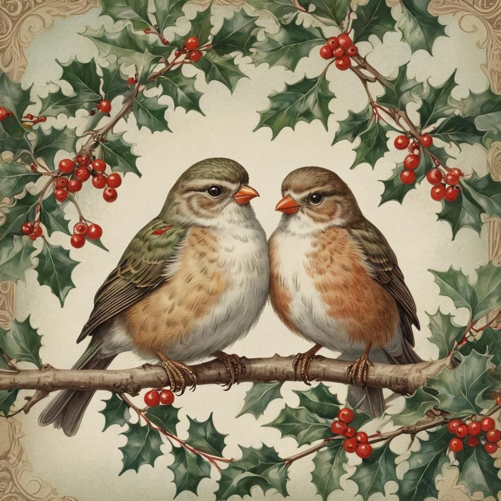 Festive Birds in Christmas Sweaters: Antique Art Print
