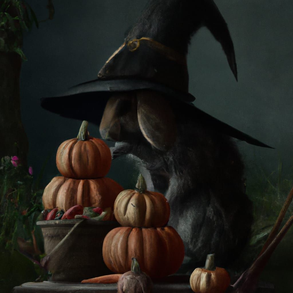 Cute Rabbit Witch with Pumpkins, Hyperrealistic Art