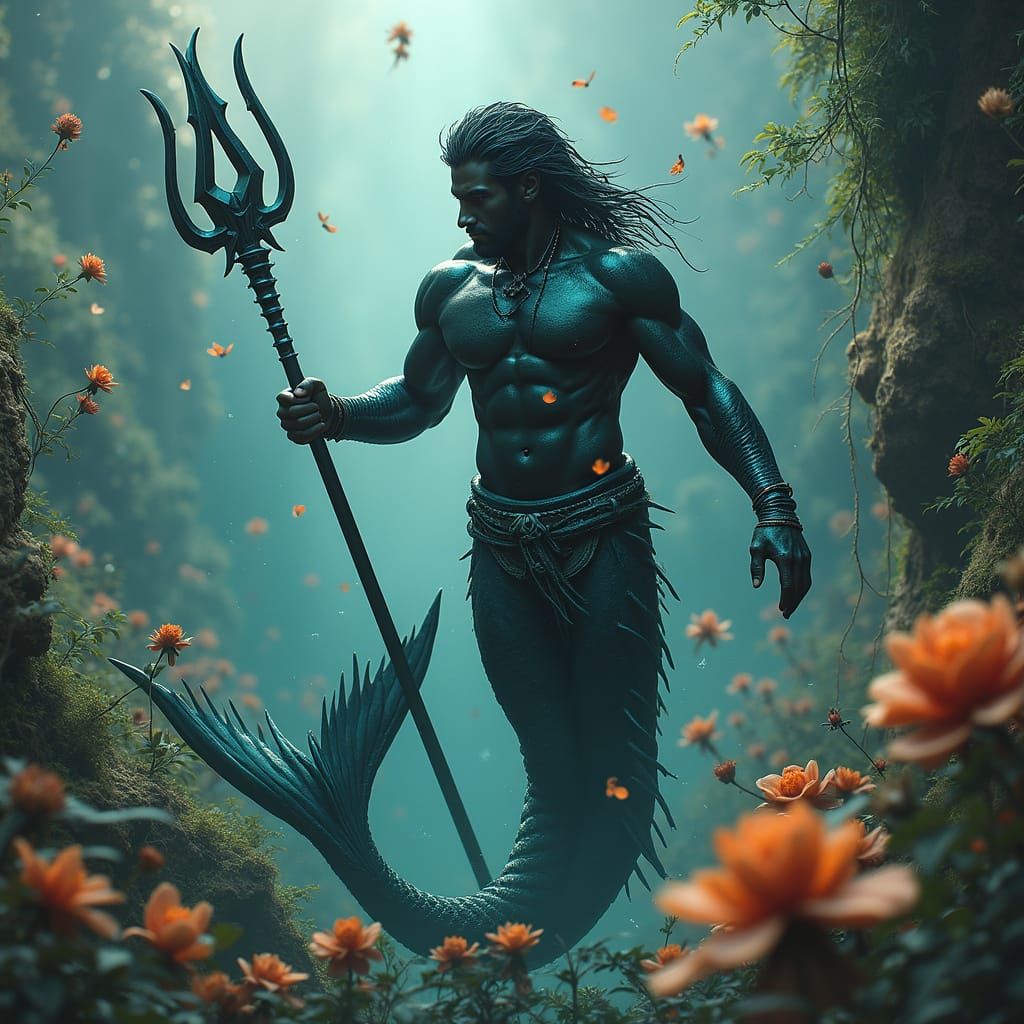 Athletic Merman Poseidon with Trident and Flowers