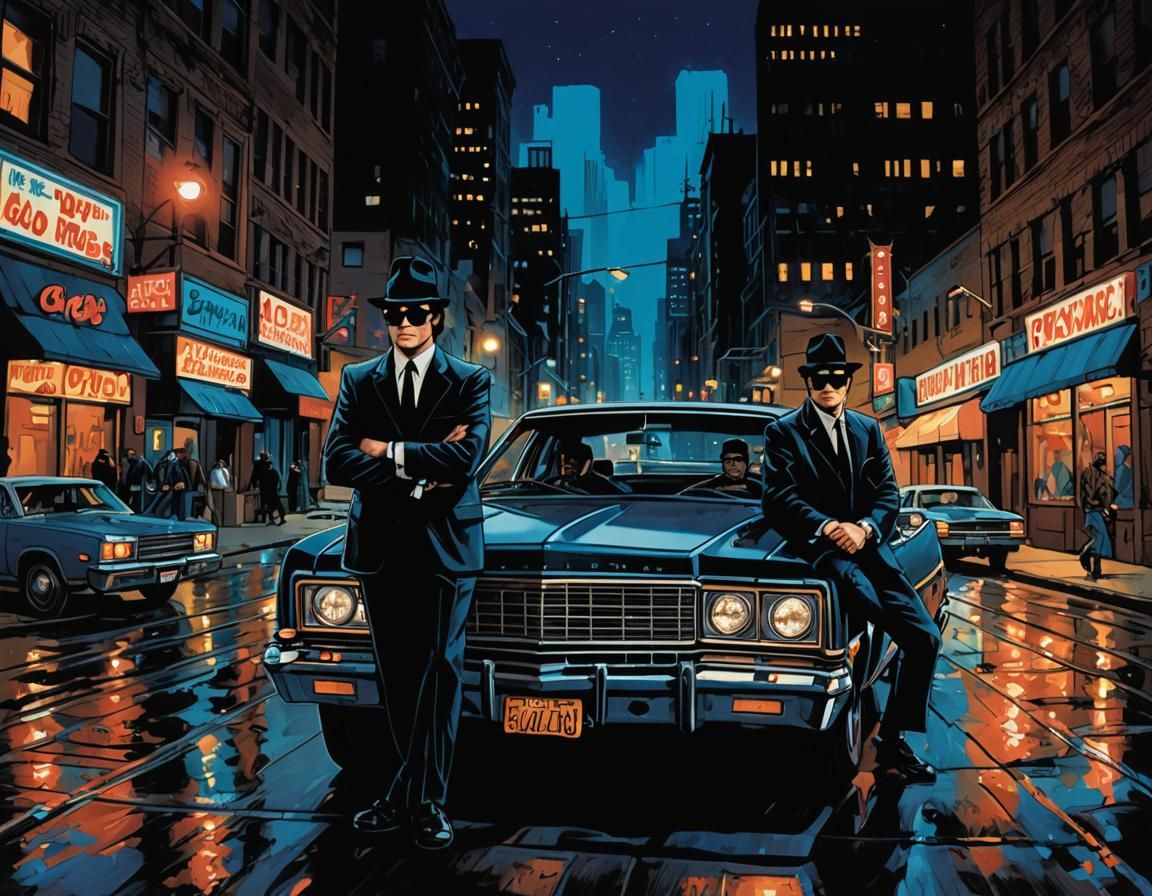 Blues Brothers Chicago Chase in Comic Book Style