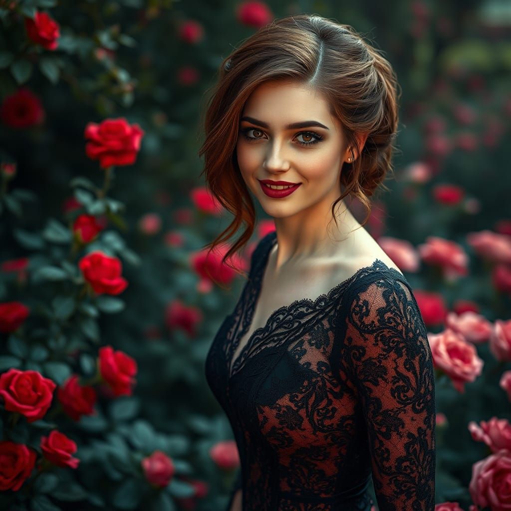 Woman in Lace Gown in Rose Garden