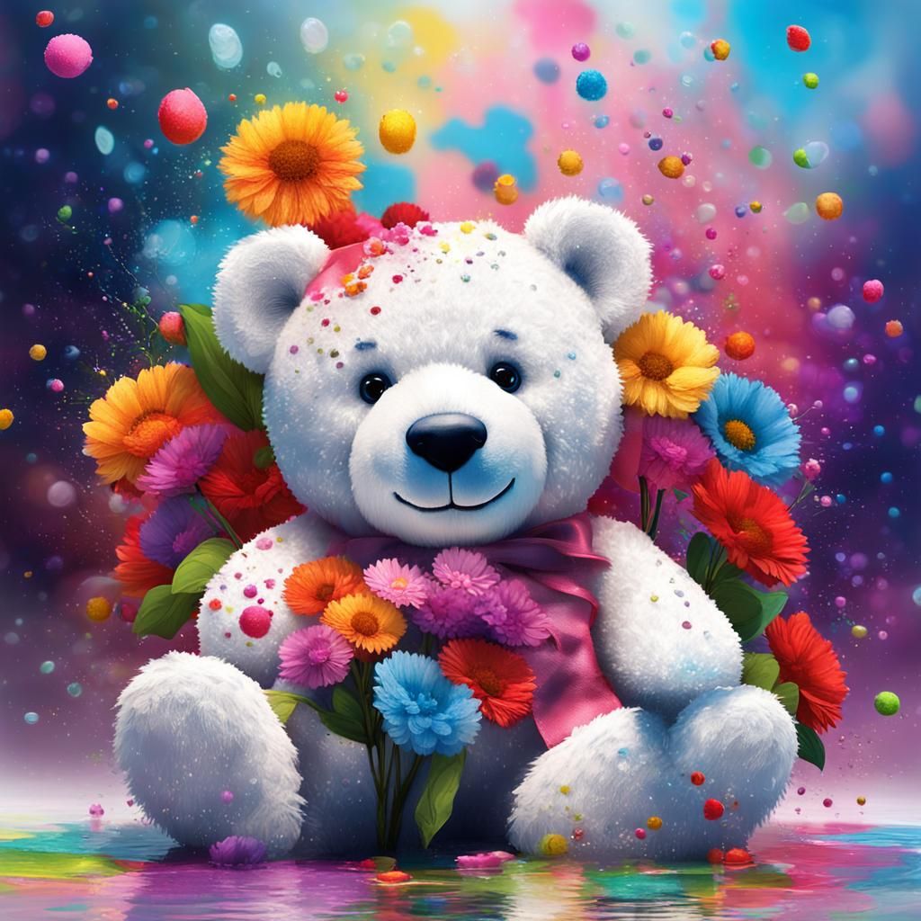 Giant Teddy Bear with Colorful Splashes, Detailed Matte Pain...