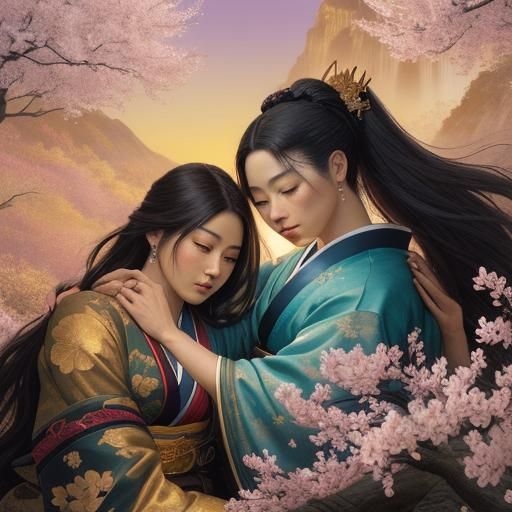 Geisha and Samurai Embrace in Baroque Oil Painting