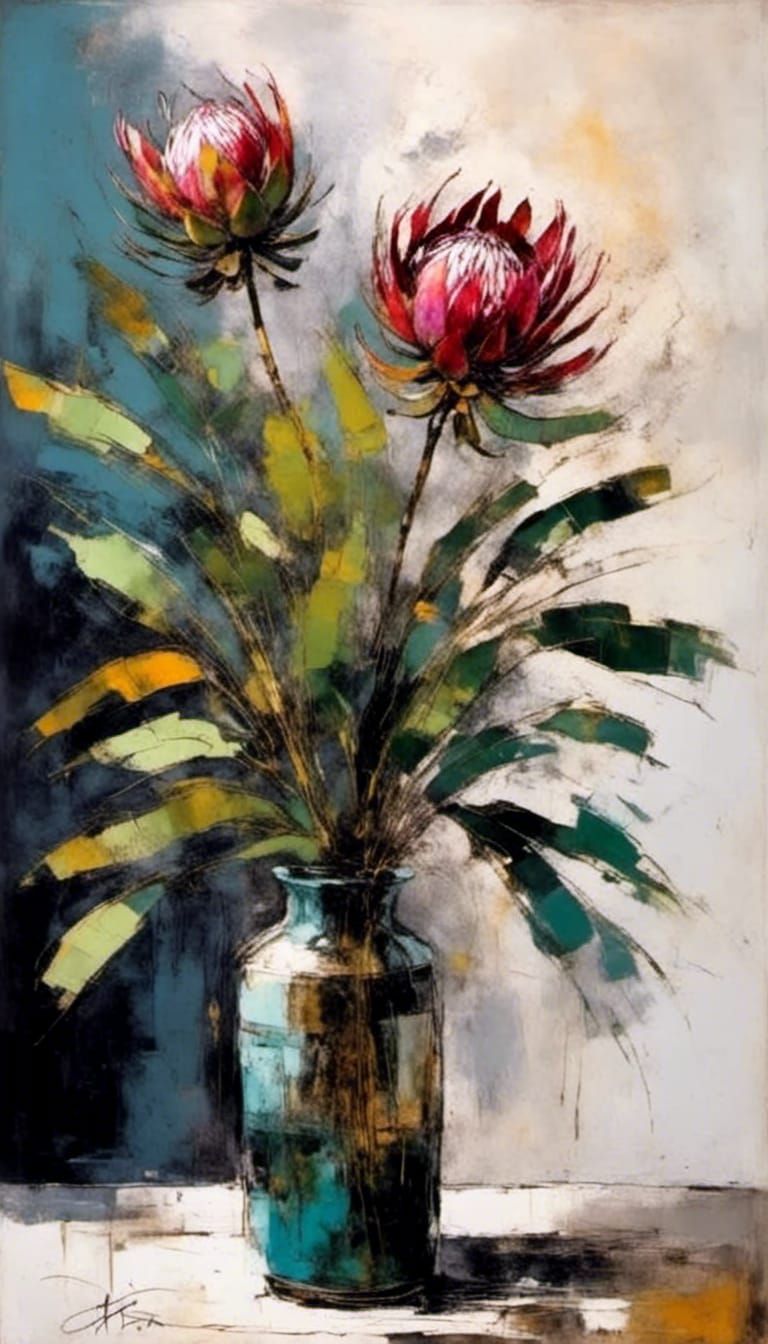 Single Protea in Vase with Abstract Botanical Style