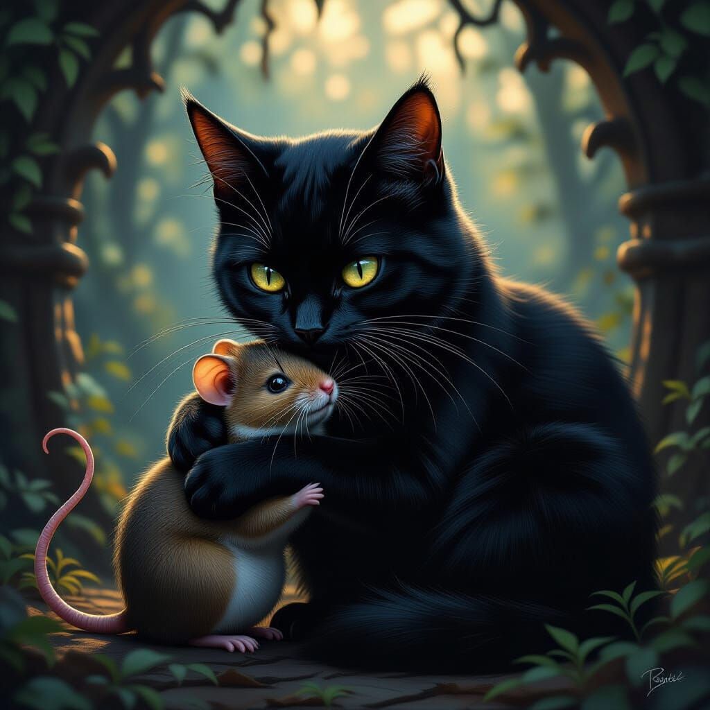 Menacing Cat Embraces Mouse in Dark Fantasy Matte Painting