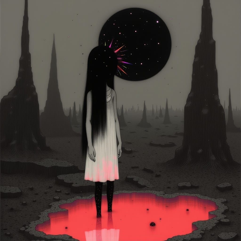 Woman at the Edge of the Crimson Pool in a Lunar Landscape