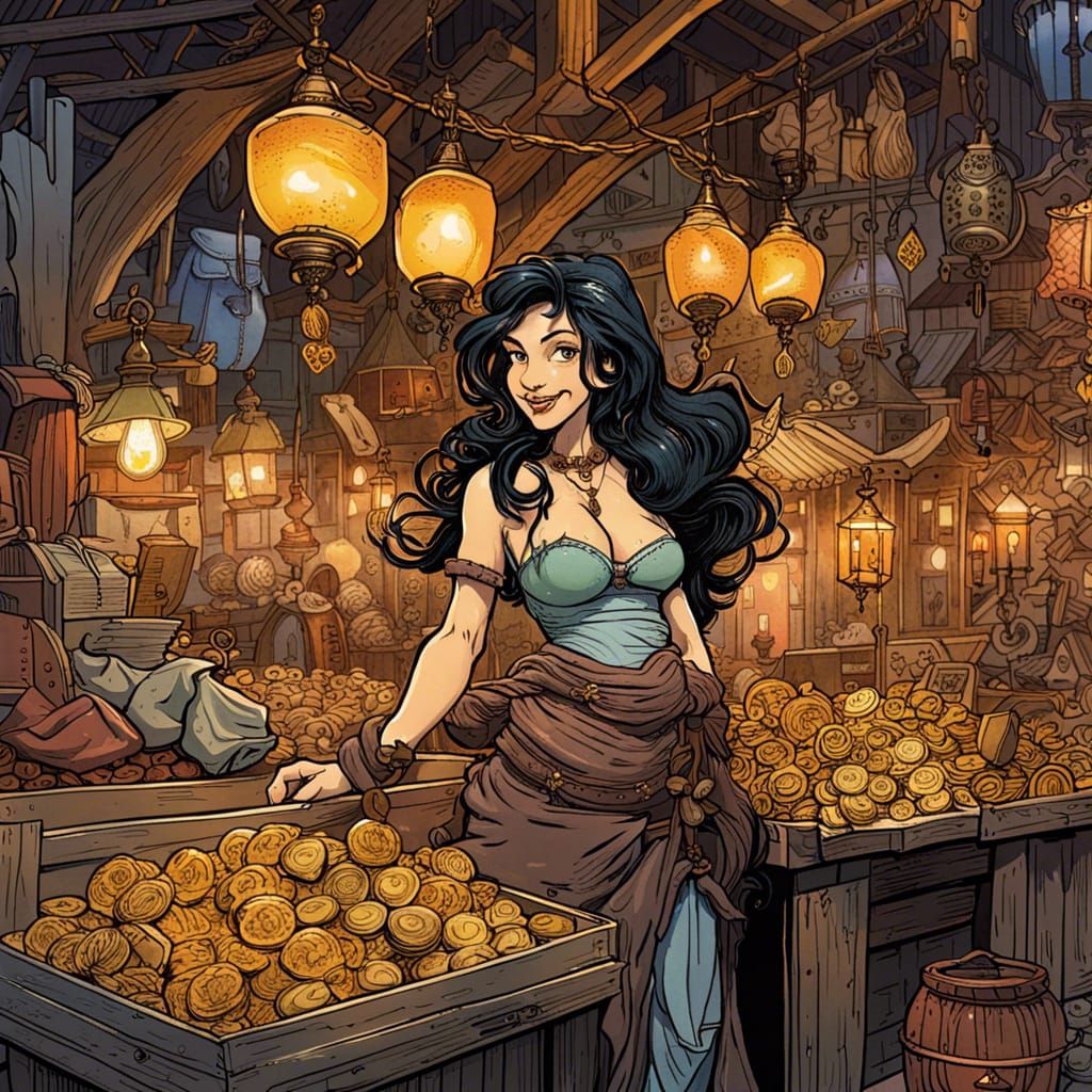 Medieval Night Market Pinup Girl in Epic Detail