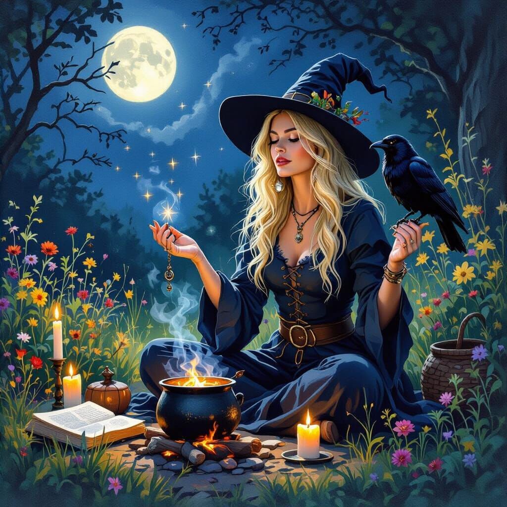 Blonde Witch Casting Spells In Moonlit Garden