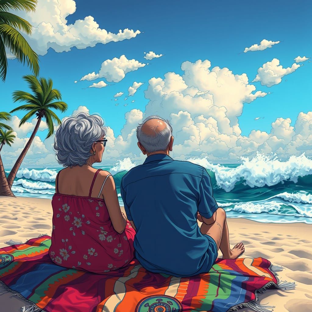 Elderly Couple Enjoying Beach View in Comic Book Style