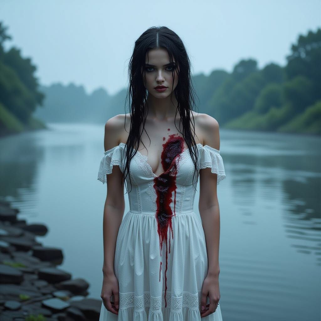 Gothic Figure in Rain by River with Chest Wound