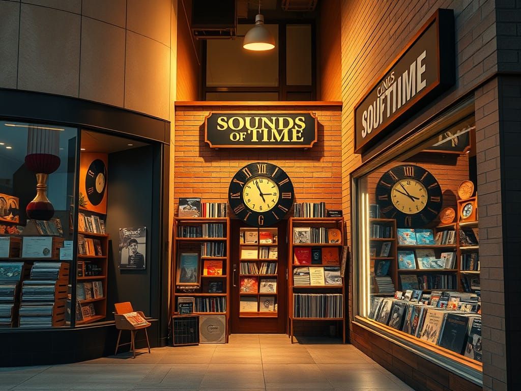 Vinyl Record Shop with Clock Logo in Warm, Golden Light