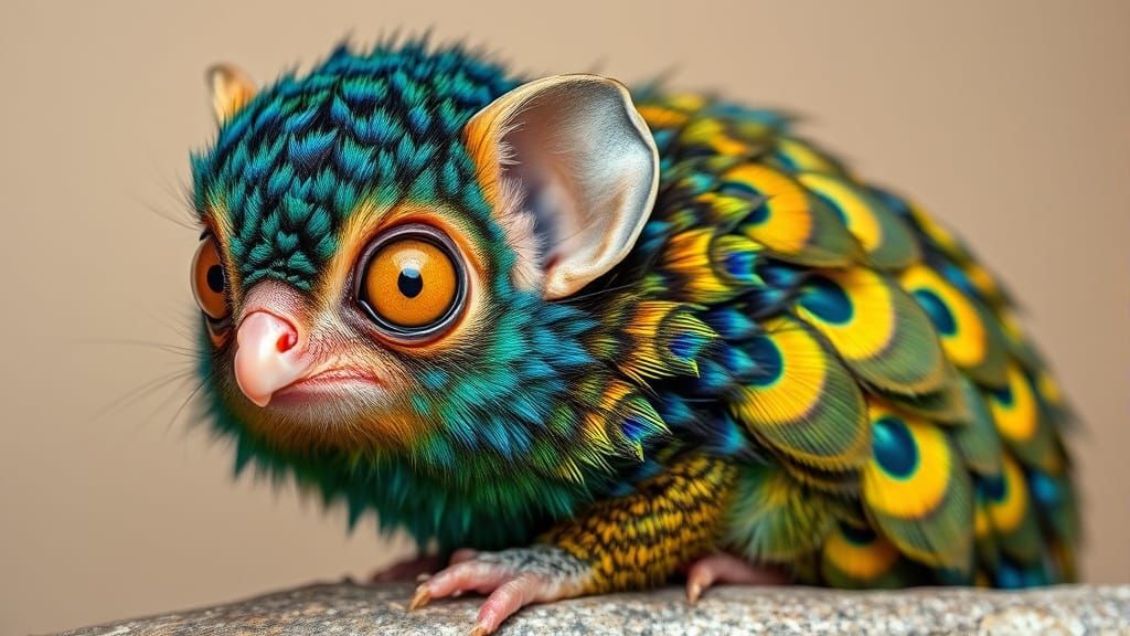 Pygmy Marmoset with Peacock Feathers, Fantasy Art