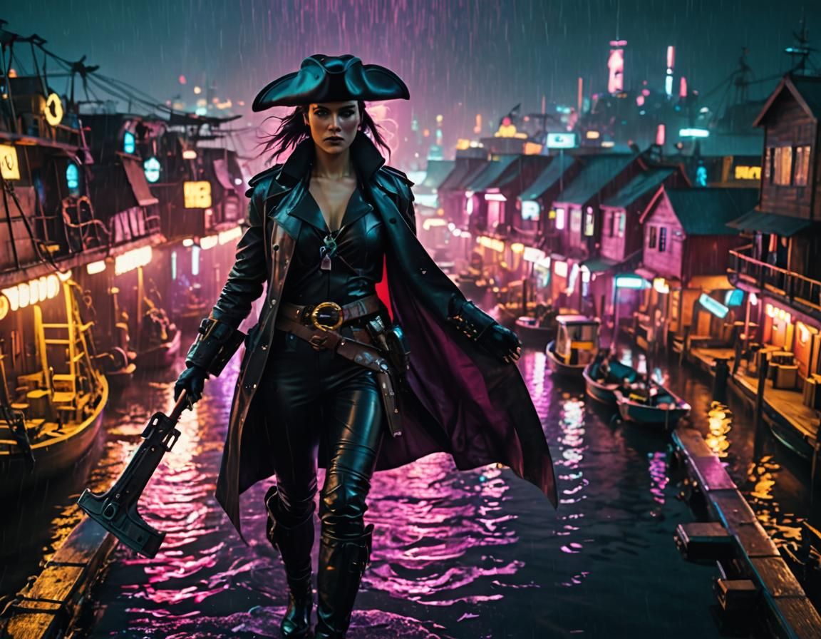 Cyberpunk Woman Stands Tall in Futuristic Harbour