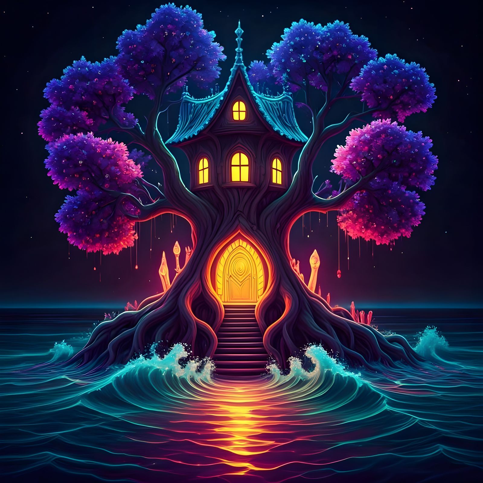 Fluorescent Seascape Treehouse Portal Under Holographic Star...