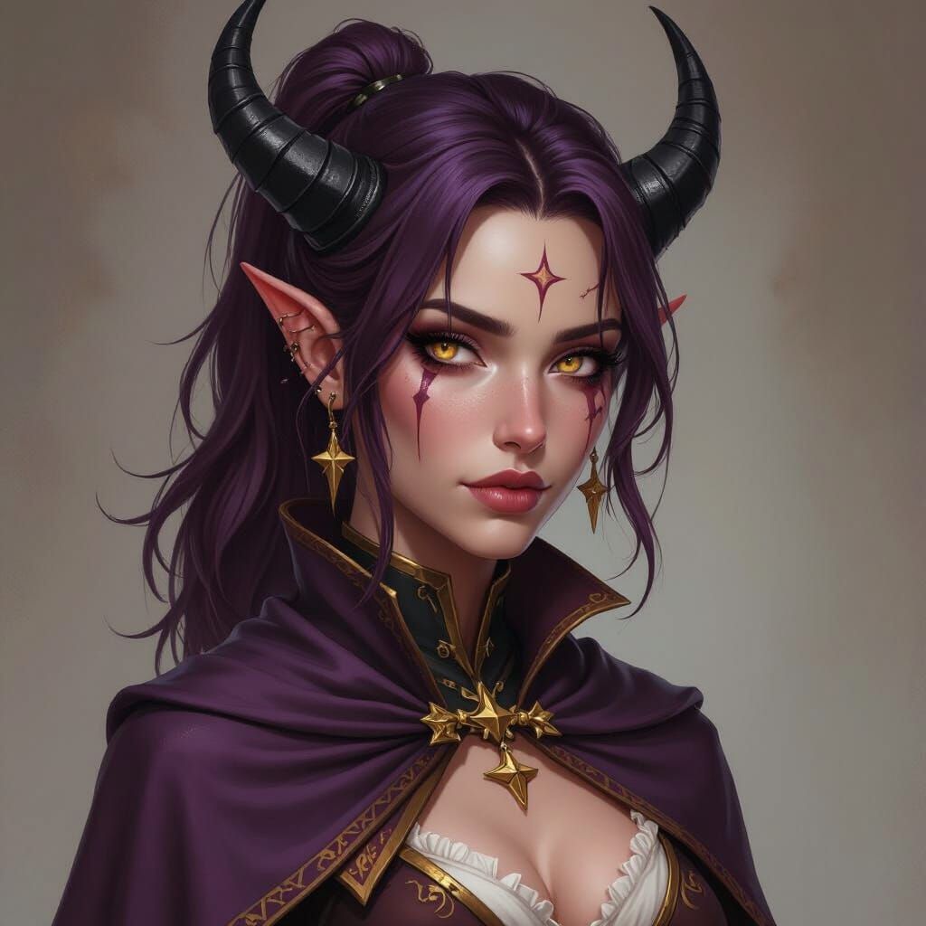 Tiefling Cleric Woman with Golden Eyes and Black Horns