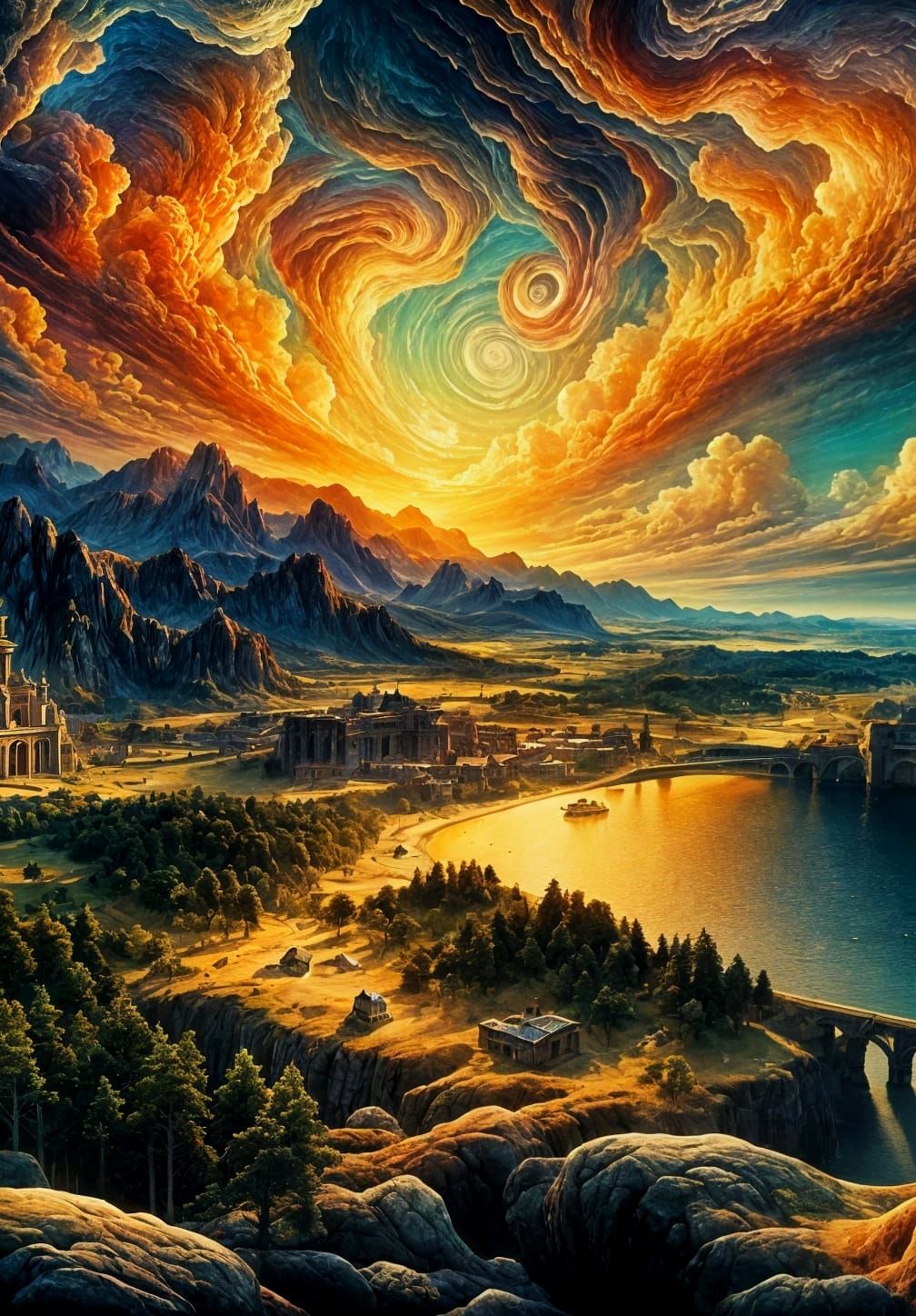 Surreal Landscape Inspired by Escher, Dali, and Gaugin
