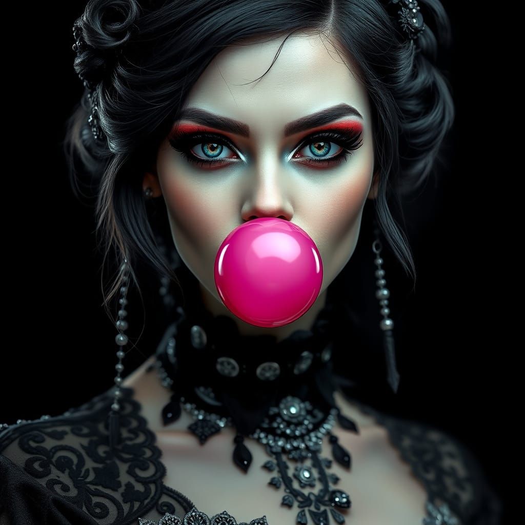 Gothic Lady Blows Vibrant Pink Bubble Gum in Dark, Velvety B...