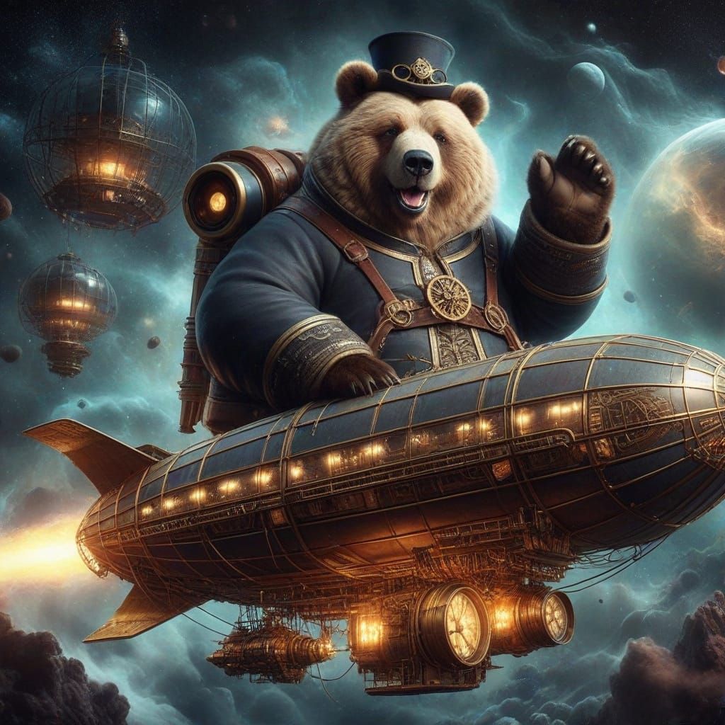 Kodiak Bear in Steampunk Dirigible Through Nebula