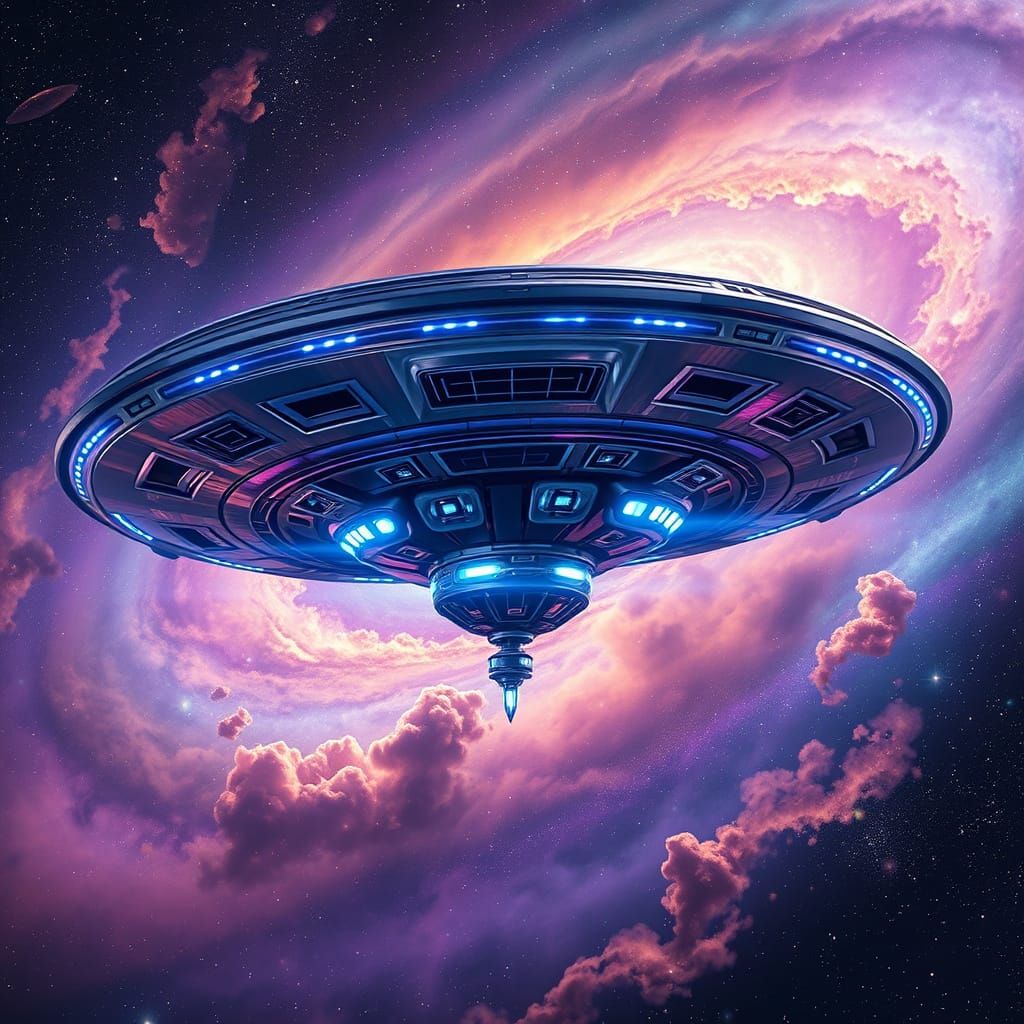 Majestic UFO Soars through Cosmic Galaxy