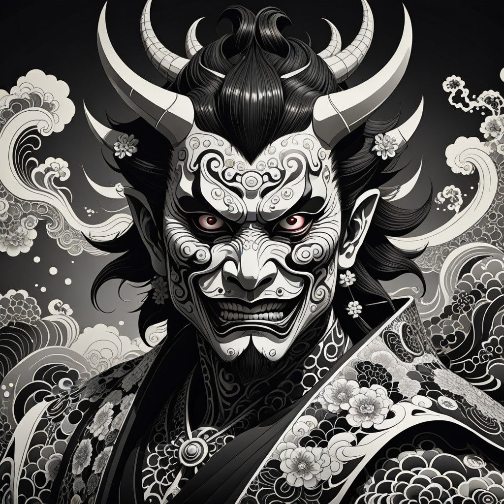 Kabuki Demon in Traditional Japanese Folk Ink Art