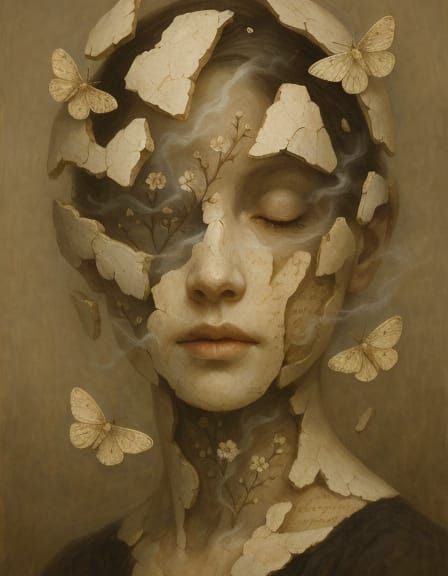 Surreal Ceramic Woman Portrait with Moths and Mist