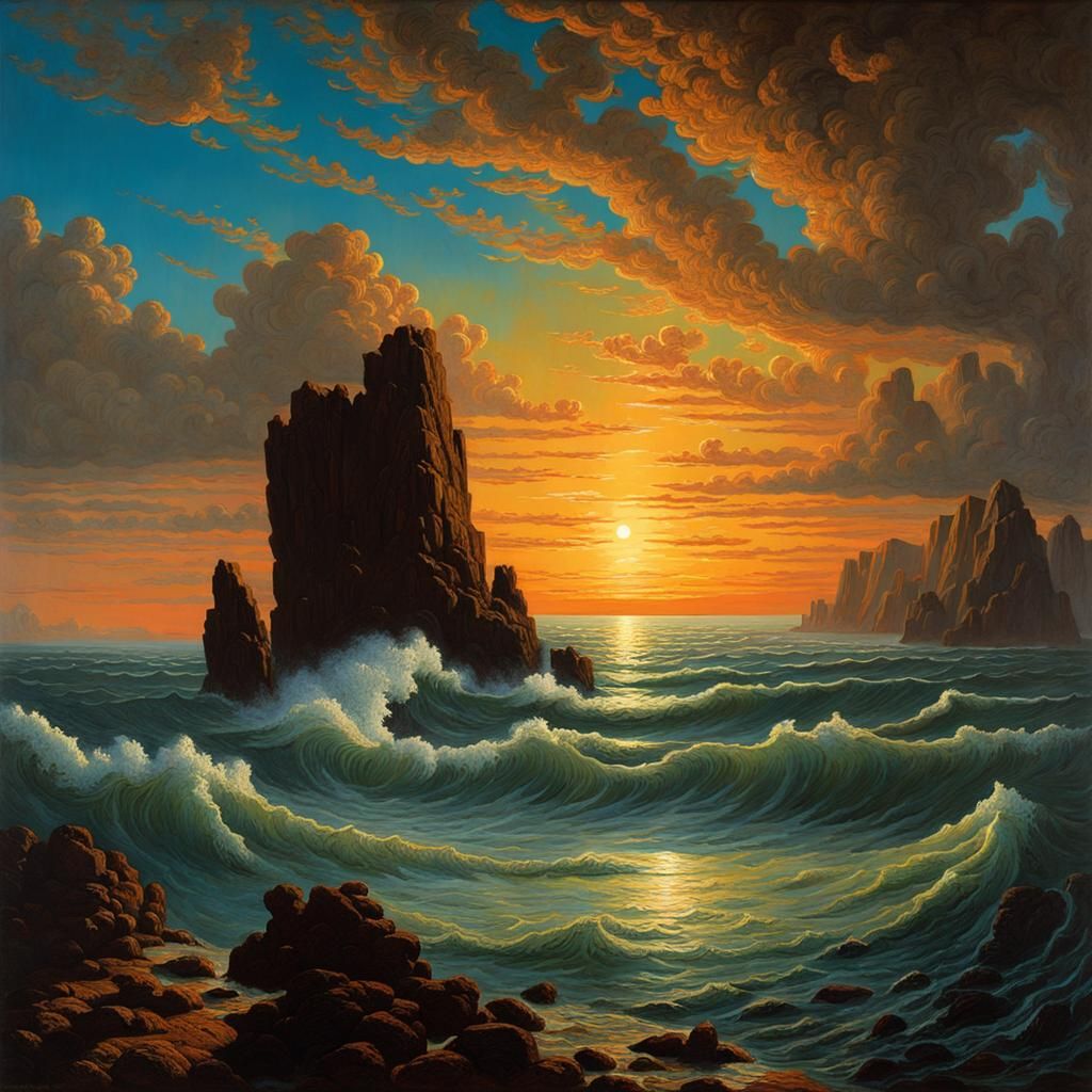 Baroque Seascape Sunset with Dazzling Sky