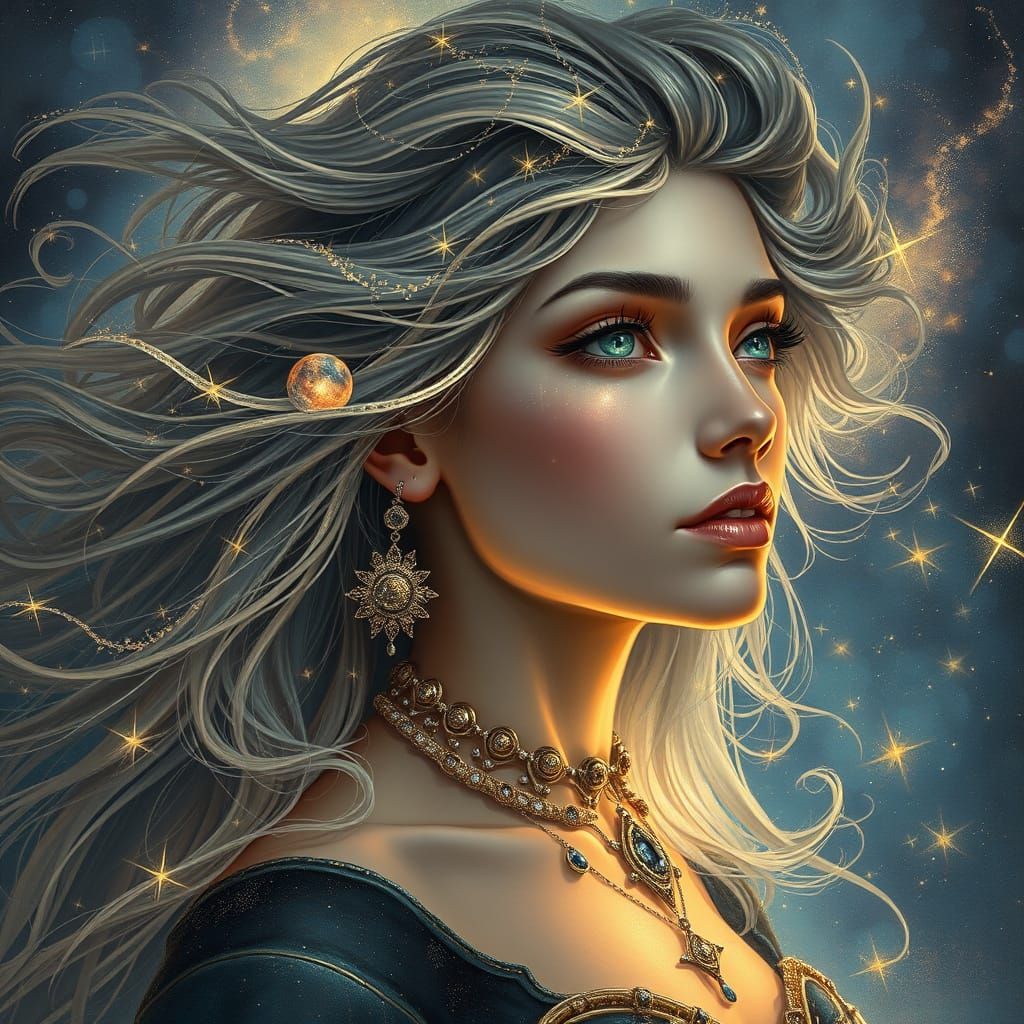 Celestial Woman with Starlight Hair and Galaxy Eyes