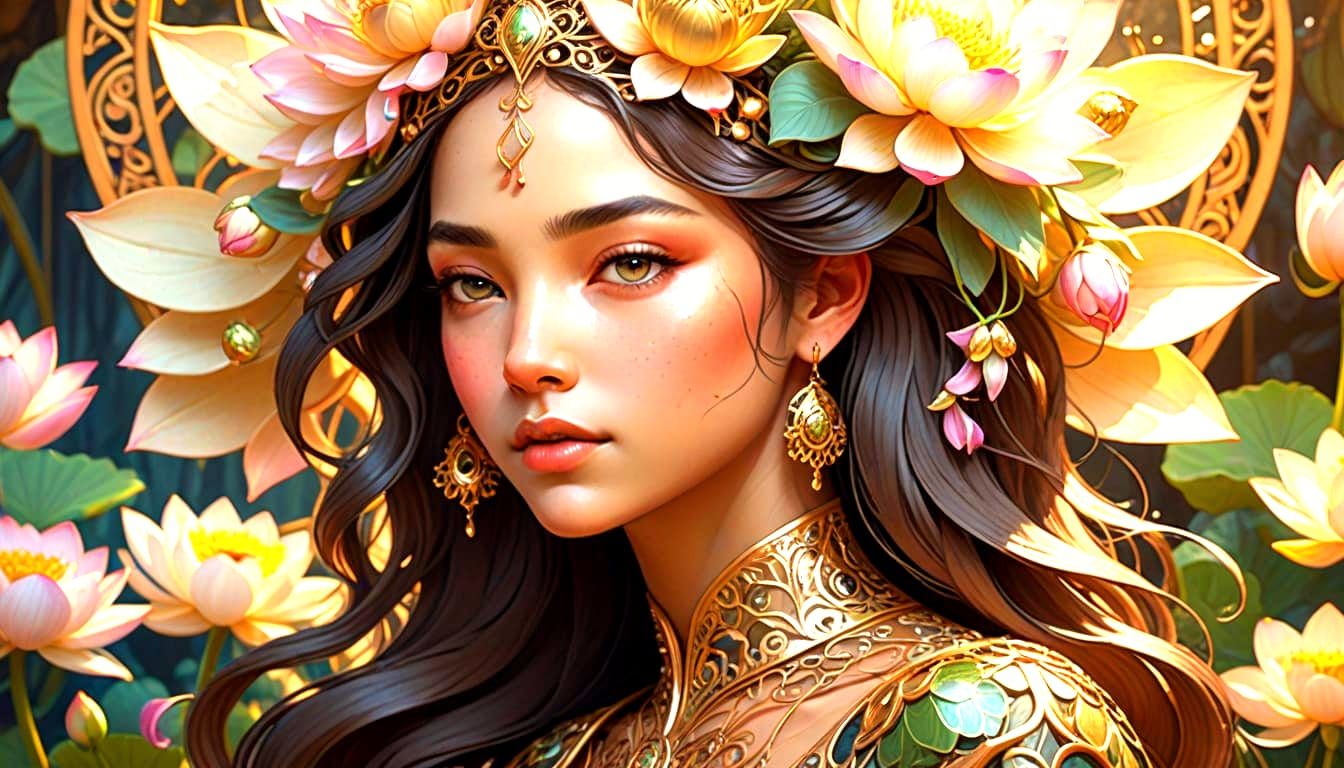 Ethereal Goddess Rises from Lotus Bloom in Art Nouveau Style